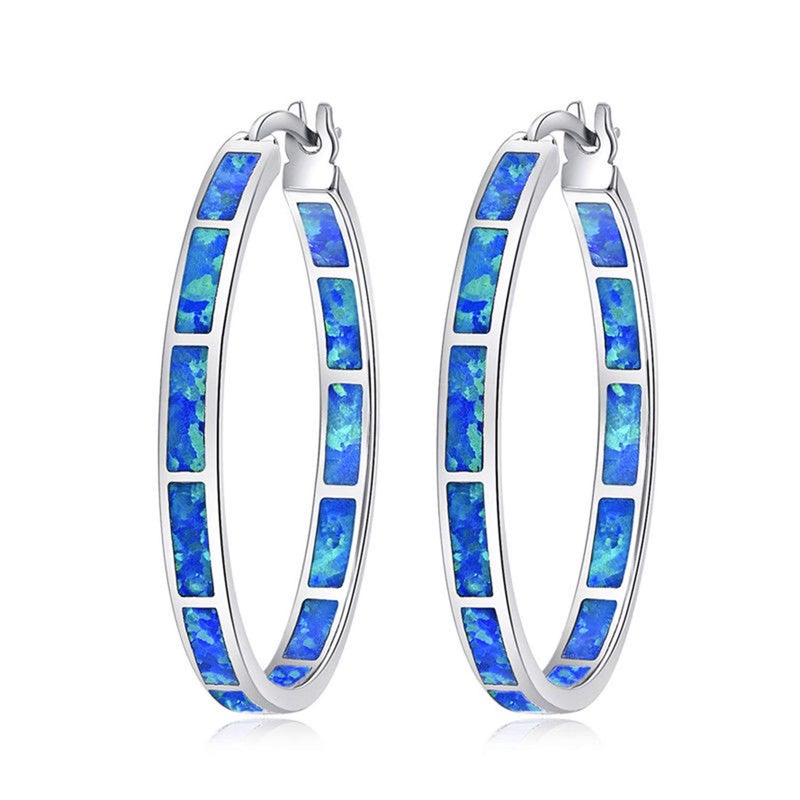 CiNily Blue Opal Hoop Earrings for Women,Big Hoop Earrings Large Opal Jewelry Rhodium Plated Gemstone Earrings 32mm - Image 1